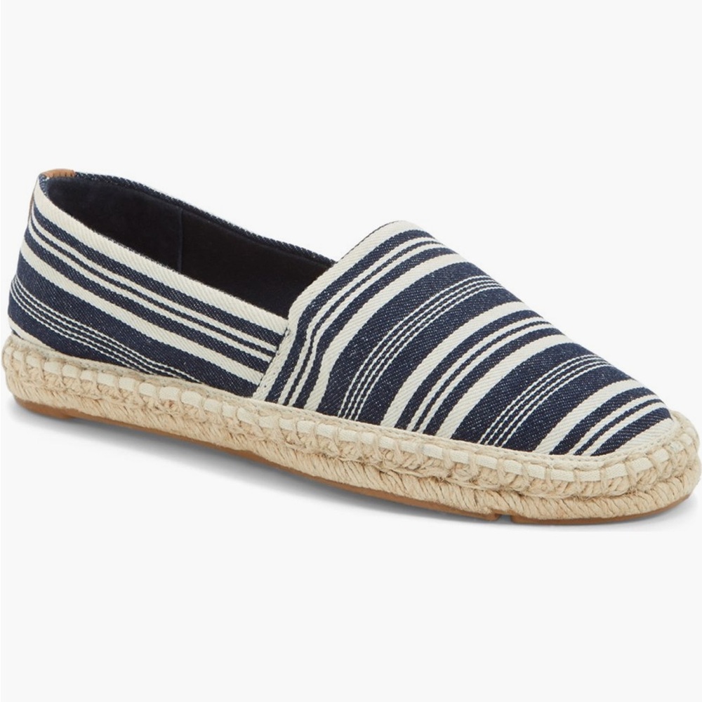 Tory Burch slip on flat espadrille striped canvas indigo natural